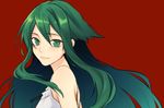  bare_shoulders closed_mouth dress from_side green_eyes green_hair hair_between_eyes kuwa_ayase long_hair red_background saya saya_no_uta simple_background solo sundress upper_body white_dress 