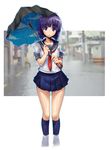  bangs black_umbrella blue_legwear blue_skirt blunt_bangs blurry blurry_background blush broken_umbrella city closed_mouth collarbone commentary_request eyebrows eyebrows_visible_through_hair flood frown highres holding holding_umbrella kneehighs looking_at_viewer original pleated_skirt purple_hair rain reflection school_uniform see-through serafuku shirt short_hair short_sleeves skirt sleeve_cuffs solo standing taru_neko umbrella wading water water_drop wet wet_clothes wet_hair wet_shirt wet_skirt 