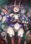  alcohol commentary_request cup fangs fate/grand_order fate_(series) hair_ornament highres horns japanese_clothes looking_at_viewer navel ohtanian oni oni_horns open_mouth pale_skin sakazuki sake shuten_douji_(fate/grand_order) skull solo 