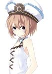  bare_shoulders blanc blancpig_yryr blue_eyes blush brown_hair hat highres looking_at_viewer neptune_(series) ribbon short_hair solo 