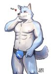  &lt;3 blue_fur blush body_hair bulge canine clothing dog fur grin hand_behind_head happy_trail jeck male mammal navel nipples red_eyes signature simple_background solo speedo standing swimsuit white_fur 