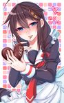  :p ahoge apron black_serafuku black_shirt blue_eyes blush bow braid brown_hair chocolate chocolate_heart dated fingernails food frilled_apron frills hair_between_eyes hair_bow hair_flaps hair_ornament hairpin heart highres holding holding_food kantai_collection licking long_hair long_sleeves looking_at_viewer multicolored multicolored_background neckerchief red_bow red_neckwear remodel_(kantai_collection) round_teeth school_uniform serafuku shigure_(kantai_collection) shirt shisei_(kyuushoku_banchou) single_braid sleeve_cuffs solo teeth tongue tongue_out tsurime upper_body waist_apron white_apron 