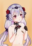  1girl absurdres bandaid bandaids_on_nipples blush breasts collarbone female flower gloves hair_flower hair_ornament hands_up highres honkai_(series) honkai_impact_3 long_hair navel nude pasties pout simple_background small_breasts solo theresa_apocalypse twintails 