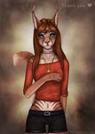  2015 anthro breasts brown_background brown_hair clothed clothing ear_piercing etskuni eyelashes female fingers green_eyes hair jewelry looking_at_viewer mammal necklace piercing pink_nose simple_background solo wide_hips 