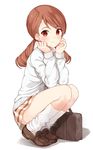  bag blush brown_footwear brown_hair eyebrows eyebrows_visible_through_hair full_body hands_on_own_cheeks hands_on_own_face hiiragi_hajime houjou_karen idolmaster idolmaster_cinderella_girls legs_together loafers long_hair long_sleeves looking_at_viewer loose_socks low_twintails plaid plaid_skirt red_eyes school_uniform shoes simple_background skirt socks solo squatting sweater tareme thighs twintails white_background white_legwear 