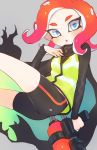  1girl :o ass bike_shorts black_cape breasts cape fang green_vest grey_background hand_up highres holding jtveemo long_hair long_sleeves looking_at_viewer octarian octoling octoshot_(splatoon) open_mouth red_hair silver_eyes small_breasts solo splatoon splatoon_(series) splatoon_2 splatoon_2:_octo_expansion squidbeak_splatoon suction_cups tentacle_hair torn_cape torn_clothes vest 