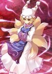  blonde_hair cross_(crossryou) dress fox_tail frilled_skirt frills gradient gradient_background hands_in_opposite_sleeves hat hat_with_ears hitodama light_frown light_particles long_sleeves looking_at_viewer multiple_tails ofuda pillow_hat red_background red_eyes short_hair skirt solo stairs star starry_background tabard tail tassel touhou white_dress wide_sleeves yakumo_ran yellow_eyes 