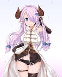  1girl absurdres bare_shoulders belt black_gloves black_legwear blue_eyes braid breasts cow_girl cow_horns elbow_gloves female fingerless_gloves gloves gradient_background granblue_fantasy hair_ornament hair_over_one_eye hairclip horns large_breasts long_hair looking_at_viewer narumeia_(granblue_fantasy) pointy_ears rumiya9i shorts simple_background smile solo standing thigh_gap thighhighs 