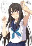  anger_vein arm_grab armpit_hair bad_id bad_pixiv_id black_hair blush brown_eyes ese_shinshi fang long_hair looking_at_viewer open_mouth original pleated_skirt pov school_uniform serafuku simple_background skirt solo_focus sweatdrop translated wavy_mouth 