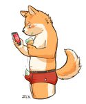  blush boxers_(clothing) bulge canine clothing dessert dog eretion food ice_cream jeck looking_down male mammal phone simple_background solo underwear 
