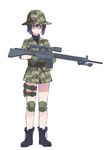 akagawa007 bad_id bad_pixiv_id battle_rifle black_hair boots bucket_hat camouflage full_body gloves green_gloves gun h&amp;k_g3 hat highres holding holding_gun holding_weapon knee_pads military military_uniform original red_eyes rifle scope short_hair short_sleeves simple_background sniper_rifle solo standing thigh_strap trigger_discipline turtleneck uniform weapon white_background 