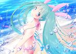  aqua_eyes aqua_hair beach bikini hatsune_miku highres long_hair looking_at_viewer looking_back nekobaka solo swimsuit twintails vocaloid 