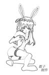  1girl animal_ears animal_tail ass bunny_ears bunny_girl bunny_suit bunny_tail bunnygirl bunnysuit camel_toe cameltoe female full_body gloves leotard miyako_productions_(artist) monochrome original small_breasts solo stockings thigh_high_socks twintails wedding_gloves white_background 