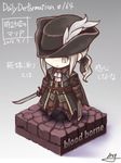  ascot blonde_hair bloodborne board_game chibi copyright_name dual_wielding full_body fushigi_ebi gradient gradient_background hat holding lady_maria_of_the_astral_clocktower long_hair ponytail rakuyo_(bloodborne) signature solo sword the_old_hunters translated weapon 