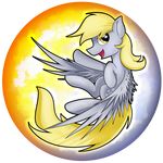  blonde_hair cutie_mark derpy_hooves_(mlp) equine feathers female feral flamevulture17 flying friendship_is_magic fur grey_feathers grey_fur hair hooves mammal my_little_pony nude open_mouth pegasus smile solo wings yellow_eyes 