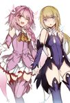  1other androgynous astolfo_(fate) blonde_hair blue_eyes braid chevalier_d'eon_(fate/grand_order) commentary_request cosplay fate/apocrypha fate/grand_order fate/kaleid_liner_prisma_illya fate_(series) feathers hair_feathers hair_ribbon highres jpeg_artifacts long_hair magical_girl miyu_edelfelt miyu_edelfelt_(cosplay) nagatsuki_take otoko_no_ko pink_hair prisma_illya prisma_illya_(cosplay) ribbon single_braid 