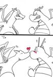  2015 angry antennae blush charizard claws cute dragon dragonite duo eye_contact horn kissing male male/male monochrome nintendo pok&eacute;mon scalie simple_background slightly_chubby smooch surprise thefatpanda video_games white_background wings 