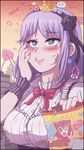  blue_eyes blush breasts candy cheek_bulge commentary crown dagashi_kashi eating english food giantess hairband hand_on_own_cheek heart heart-shaped_pupils highres karbo large_breasts long_hair purple_hair shidare_hotaru solo stomach_growling swallowing symbol-shaped_pupils throat_bulge vore 