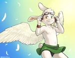  5_fingers blush bulge clothed clothing eyewear feathers fur goggles green_eyes heterochromia jeck lagomorph male mammal rabbit simple_background solo topless white_fur wings yellow_eyes 