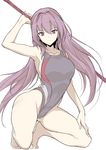  arm_up bangs bare_legs breasts commentary competition_swimsuit fate/grand_order fate_(series) hand_on_own_knee harukon_(halcon) holding holding_weapon large_breasts long_hair looking_at_viewer one-piece_swimsuit purple_eyes purple_hair scathach_(fate)_(all) scathach_(fate/grand_order) sketch smile solo squatting swimsuit very_long_hair weapon white_background 