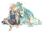  1boy 1girl aisutabetao aqua_(fire_emblem_if) armor bangs barefoot blue_cape blue_hair blue_ribbon blush cape closed_eyes collar couple dress elbow_gloves fingerless_gloves fire_emblem fire_emblem_if gloves grey_hair heart hetero kiss long_hair male_my_unit_(fire_emblem_if) my_unit_(fire_emblem_if) red_eyes ribbon short_hair sidelocks sitting strapless strapless_dress surprised sweatdrop veil very_long_hair white_dress white_gloves wide-eyed 