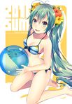  2016 arched_back ball bare_shoulders barefoot beachball bikini blush breasts flower green_eyes green_hair hair_flower hair_ornament hatsune_miku hibiscus holding holding_ball kneeling long_hair looking_at_viewer medium_breasts open_mouth shiomizu_(swat) side-tie_bikini smile solo striped_bikini_top swimsuit twintails very_long_hair vocaloid yellow_background 
