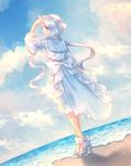 beach blue_sky bow cloud day dewgong dress dutch_angle facing_away full_body gen_1_pokemon hairband high_heels highres horn jewelry looking_to_the_side moe_(hamhamham) necklace outdoors personification pokemon sky solo standing twintails white_bow white_dress 
