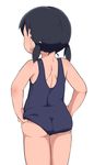  ass black_hair bubukka from_behind marui_hitoha mitsudomoe one-piece_swimsuit short_hair short_twintails simple_background solo swimsuit twintails white_background 