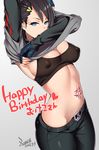  2016 armpits arms_up artist_name belt black_hair blue_eyes breasts cleavage covered_nipples cowboy_shot cube_(jsr) dated fingerless_gloves gloves grey_background groin hair_ornament hairclip happy_birthday highres jet_set_radio looking_at_viewer medium_breasts midriff navel shirt_lift short_hair simple_background skull skull_belt solo tattoo thighs translation_request zonda_(solid_air) 