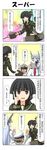  &gt;_&lt; 2girls 4koma :d arms_up bangs black_hair blunt_bangs bow braid brown_eyes brown_hair closed_eyes comic commentary dragon_ball dragon_ball_z fingerless_gloves gameplay_mechanics gloves grey_eyes hair_bow hair_ribbon hat headgear highres holding holding_weapon index_finger_raised kantai_collection kitakami_(kantai_collection) knee_up little_boy_admiral_(kantai_collection) long_hair machinery military military_uniform multiple_girls murakumo_(kantai_collection) naval_uniform open_mouth paper parody peaked_cap pleated_skirt rappa_(rappaya) red_eyes remodel_(kantai_collection) ribbon rigging school_uniform serafuku short_hair silver_hair single_braid skirt smile torpedo translated turret uniform v-shaped_eyebrows weapon xd 