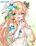  :d bare_shoulders blonde_hair covered_navel covered_nipples detached_sleeves dress flower freyja_(p&amp;d) green_eyes hair_flower hair_ornament long_hair marshmallow_mille open_mouth puzzle_&amp;_dragons smile solo twitter_username upper_body 