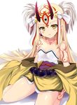  bare_shoulders blonde_hair earrings fate/grand_order fate_(series) horns ibaraki_douji_(fate/grand_order) japanese_clothes jewelry kimono long_hair looking_at_viewer oni pointy_ears sen_(astronomy) sitting solo tattoo yellow_eyes yellow_kimono 