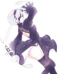  ass black_dress blindfold breasts cleavage_cutout commentary_request dress hairband kicchan looking_back medium_breasts mole mole_under_mouth nier_(series) nier_automata panties pantyhose puffy_sleeves short_hair solo sword thighhighs underwear weapon white_hair yorha_no._2_type_b 