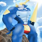  abs anthro biceps big_muscles bulk hi_res huge_muscles male mammal melee_weapon muscleartguy muscular muscular_male navel nintendo nipples pecs pok&eacute;mon samurott size solo sword video_games weapon 