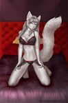  2015 4_toes 5_fingers albino anthro breasts canine clothed clothing etskuni eyelashes female fluffy fluffy_tail fur hair kneeling mammal midriff navel solo toes white_fur white_hair white_nose wide_hips wolf yellow_eyes 