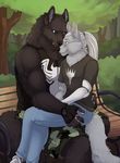  anthro canine clothed clothing dbd duo eyewear girly glasses male male/male mammal outside sitting smile wolf 