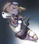  battle_girl_high_school blonde_hair boots commentary_request desert_eagle digital_camouflage fingerless_gloves flashlight foreshortening full_body gloves goggles goggles_on_head gun handgun harries_technique highres kougami_kanon looking_at_viewer military_operator perspective pistol ravejaeger solo standing trigger_discipline weapon 