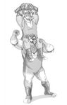  2016 5_fingers abel_(zerostar) anthro antlers armpit_hair armpits arms_above_head bear belt boots caprine championship_belt claws clothed clothing digital_media_(artwork) duo elbow_pads footwear greyscale hair hi_res holding_object horn hybrid jackalope lagomorph male mammal monochrome on_shoulders open_mouth polartoons simple_background standing teeth white_background wrestler wrestling_singlet zerostar 
