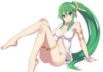  arm_support armlet artemis_(p&amp;d) ass barefoot blush breasts feet green_eyes green_hair hair_ornament jewelry large_breasts legs_up long_hair looking_at_viewer navel ponytail puzzle_&amp;_dragons simple_background sitting smile solo swimsuit thigh_strap toes very_long_hair white_background zeroshiki_kouichi 