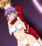  2girls 90s agent_aika anzu_(onelelee) asphyxiation bare_legs black_delmo blush catfight choking defeated delmo female fighting highleg_panties humiliation knocked_out masochist multiple_girls pain panties pantyshot partially_visible_vulva peeing purple_hair ryona saliva sen_(sansui) shiny_skin short_hair simple_background sleeper_hold sumeragi_aika thighhighs thighs thong torn_clothes unconscious underwear upskirt urination white_panties white_underwear wrestling 