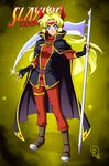  blonde_hair blue_eyes boots brown_footwear cape copyright_name drachea_rannak elbow_gloves fingerless_gloves full_body gloves headgear legband lina_inverse long_hair lord_of_nightmares polearm slayers smile solo sparkle spear watermark weapon 