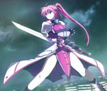  ahoge armor armored_boots asumakobayashi belt blue_eyes boots braid breasts cityscape cloud cloudy_sky elbow_gloves fingerless_gloves gloves hair_ribbon highres holding holding_sword holding_weapon knee_boots kneehighs large_breasts levantine lights long_hair lyrical_nanoha mahou_shoujo_lyrical_nanoha mahou_shoujo_lyrical_nanoha_a's night night_sky pink_hair ponytail puffy_short_sleeves puffy_sleeves ribbon short_sleeves signum sky solo sword waist_cape weapon 