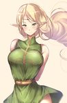  arms_behind_back bare_shoulders belt blonde_hair blush breasts circlet deedlit dress elf green_eyes highres large_breasts long_hair looking_at_viewer pointy_ears record_of_lodoss_war short_dress simple_background sleeveless smile solo taut_clothes tunic untsue very_long_hair yellow_background 