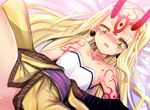  bare_shoulders blonde_hair earrings fate/grand_order fate_(series) horns ibaraki_douji_(fate/grand_order) japanese_clothes jewelry kimono long_hair lying on_back oni open_mouth pointy_ears sen_(astronomy) solo sweat tattoo yellow_eyes yellow_kimono 