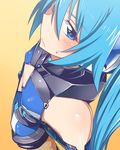  armor bangs bare_shoulders blue_eyes blue_hair blue_leotard blush covered_nipples elbow_gloves flat_chest from_above from_side gloves hair_between_eyes leotard long_hair looking_at_viewer looking_to_the_side ore_twintail_ni_narimasu simple_background solo tailblue twintails very_long_hair yellow_background yuto_(dialique) 