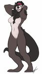  4_toes anthro barefoot black_fur black_nose breasts chest_tuft claws digitigrade dominate_(artist) featureless_breasts featureless_crotch female fur hat licking licking_lips looking_away mammal multicolored_fur mustelid navel neck_tuft nude otter red_eyes seductive toes tongue tongue_out tuft white_fur 