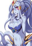  blue_skin breasts genderswap genderswap_(mtf) hand_on_breast highres kraken_(p&amp;d) large_breasts long_hair monster_girl navel pink_eyes pointy_ears puzzle_&amp;_dragons simple_background solo tentacle_hair upper_body white_background zeroshiki_kouichi 