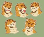  2016 anthro brown_nose digital_media_(artwork) disgusted ear_piercing ears_back expressions eyes_closed fangs feline fur green_eyes industrial_piercing jubilations male mammal multicolored_fur one_eye_closed orange_fur piercing pink_nose pjsaber saber-toothed_cat sabertooth_(feature) simple_background smile solo tan_fur tongue tongue_out two_tone_fur wink 