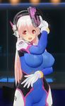  3d blush bodysuit breasts cosplay custom_maid_3d_2 d.va_(overwatch) d.va_(overwatch)_(cosplay) gloves gun handgun headphones highres large_breasts long_hair looking_at_viewer nitroplus open_mouth overwatch pilot_suit pink_eyes pink_hair pistol smile solo super_sonico trigger_discipline uld_macaron weapon white_gloves 