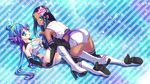  2girls aoki_lapis ass bare_shoulders blue_eyes blue_hair blush boots chisamikan cleavage dark_skin full_body hair_ornament high_heel_boots high_heels long_hair looking_at_viewer merli_(vocaloid) multiple_girls open_mouth simple_background smile speaker striped_background thighhighs very_long_hair vocaloid 